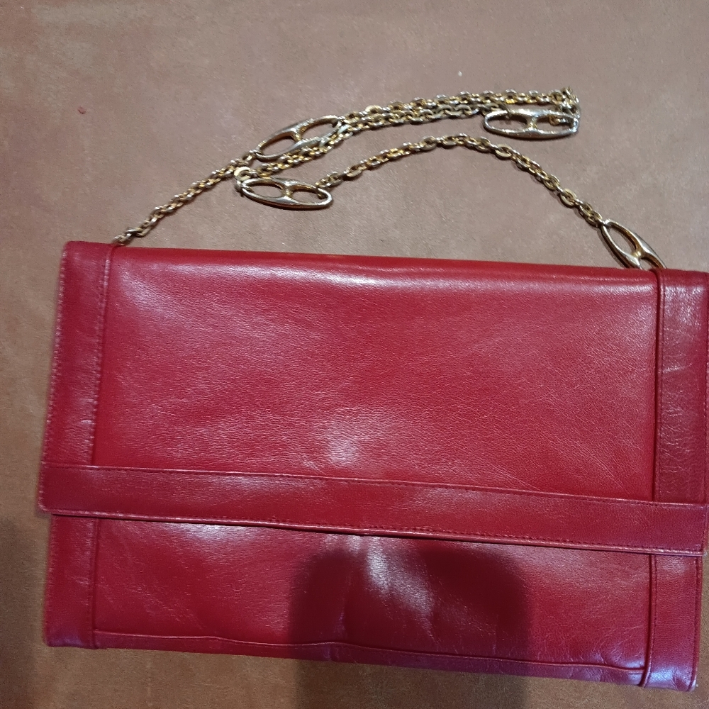 Vintage Saks Fifth Ave Elegant Red Leather Clutch with Chain Strap